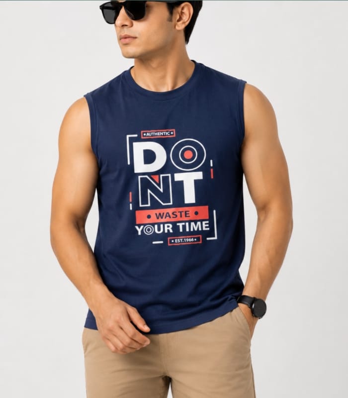Megi Navy T-Shirt Premium Sleeveless Round -Neck Vest - Image 1