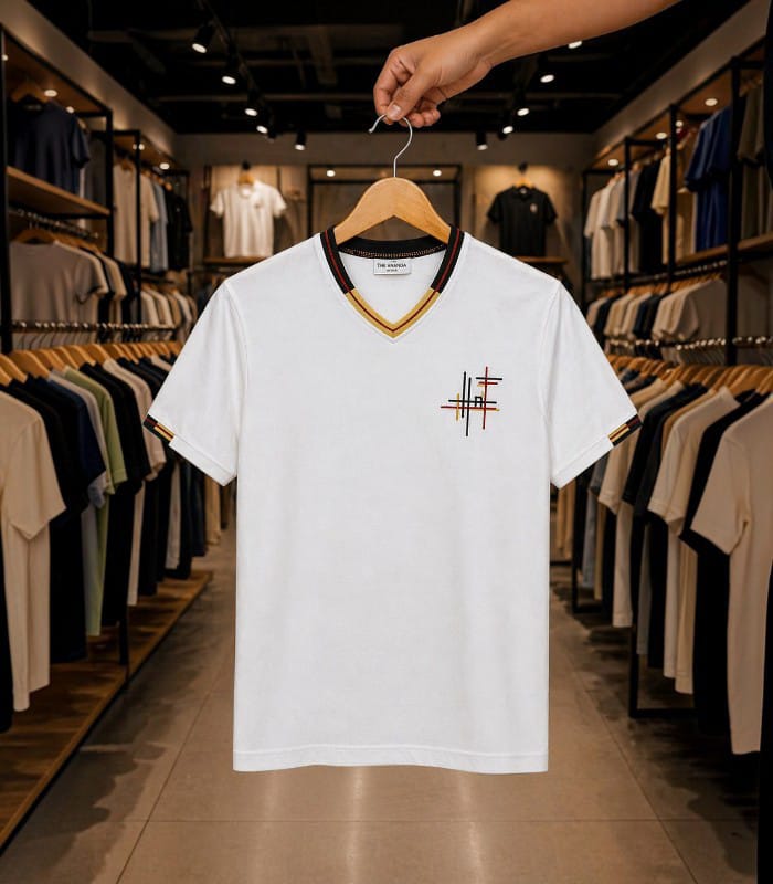 V Neck Print - White V Neck Print T-Shirt - Image 1